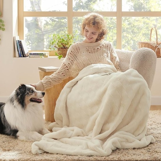 Fuzzy Fluffy Faux Fur Throw Blanket for Couch, Cozy Plush Thick Warm Rabbit Faux Fur Blanket for Winter, Luxurious Soft Blanket Gifts for Girls, Women, Ivory, 50x60