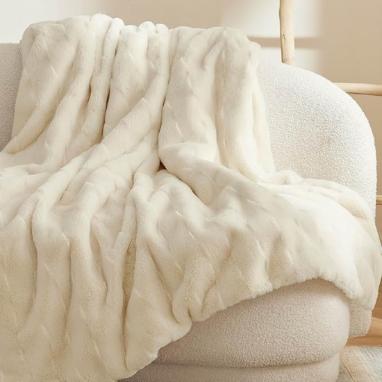Fuzzy Fluffy Faux Fur Throw Blanket for Couch, Cozy Plush Thick Warm Rabbit Faux Fur Blanket for Winter, Luxurious Soft Blanket Gifts for Girls, Women, Ivory, 50x60