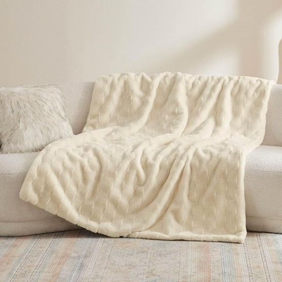 Fuzzy Fluffy Faux Fur Throw Blanket for Couch, Cozy Plush Thick Warm Rabbit Faux Fur Blanket for Winter, Luxurious Soft Blanket Gifts for Girls, Women, Ivory, 50x60