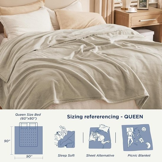 Fleece Queen Size Blanket for Bed, Soft Warm Blanket for Winter 500Gsm, Thick Blanket Anti-Static, Heavy Blanket Fluffy Cuddly for Sofa Couch Camping Travel, Linen 90x90 Inch