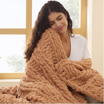 Chunky Knit Blanket Throw - 100% Hand Knit Chenille Chunky Throw Blanket for Couch, Thick and Warm Blanket for Winter, Orange, 50x60 Inches