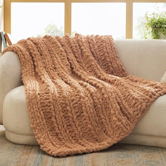 Chunky Knit Blanket Throw - 100% Hand Knit Chenille Chunky Throw Blanket for Couch, Thick and Warm Blanket for Winter, Orange, 50x60 Inches