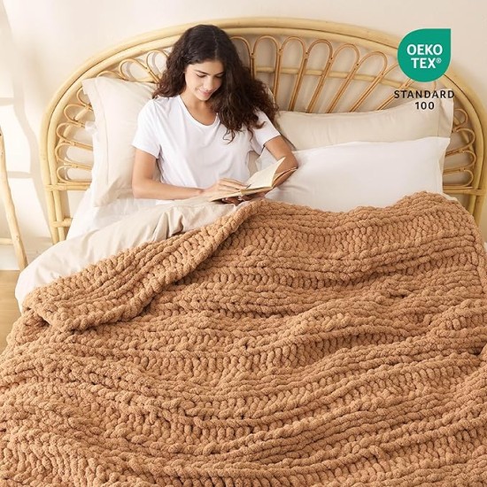 Chunky Knit Blanket Throw - 100% Hand Knit Chenille Chunky Throw Blanket for Couch, Thick and Warm Blanket for Winter, Orange, 50x60 Inches