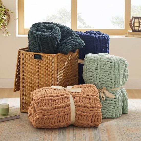 Chunky Knit Blanket Throw - 100% Hand Knit Chenille Chunky Throw Blanket for Couch, Thick and Warm Blanket for Winter, Orange, 50x60 Inches