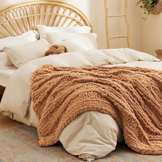 Chunky Knit Blanket Throw - 100% Hand Knit Chenille Chunky Throw Blanket for Couch, Thick and Warm Blanket for Winter, Orange, 50x60 Inches