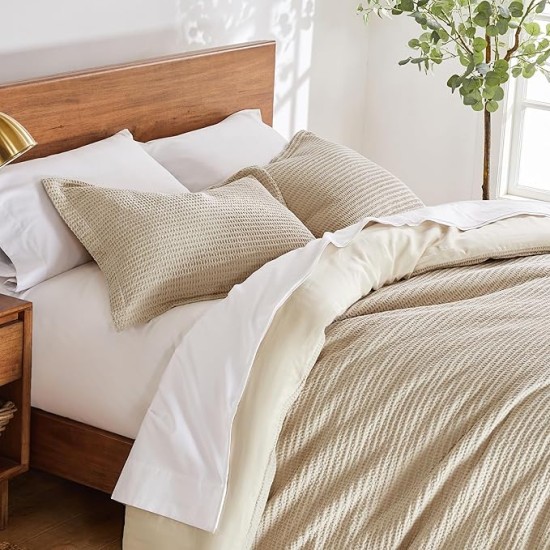 Cloud Waffle Taupe Comforter Set - Full/Queen Comforter + Two Standard Pillow Cases - Waffle Weave - Taupe - Comforter (90 x 94in.) and Pillow Case (26 x 20in.) - Cotton