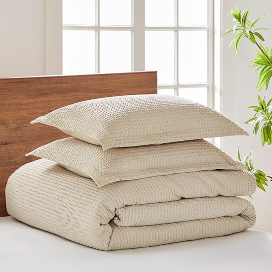 Cloud Waffle Taupe Comforter Set - Full/Queen Comforter + Two Standard Pillow Cases - Waffle Weave - Taupe - Comforter (90 x 94in.) and Pillow Case (26 x 20in.) - Cotton