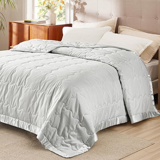 Bed Blanket Full/Queen Size - Grey Blanket, Lightweight Down Alternative Autumn Blanket for All Seasons, Soft Cozy Warm Bed Blankets with Satin Trim, 90x90 Inches