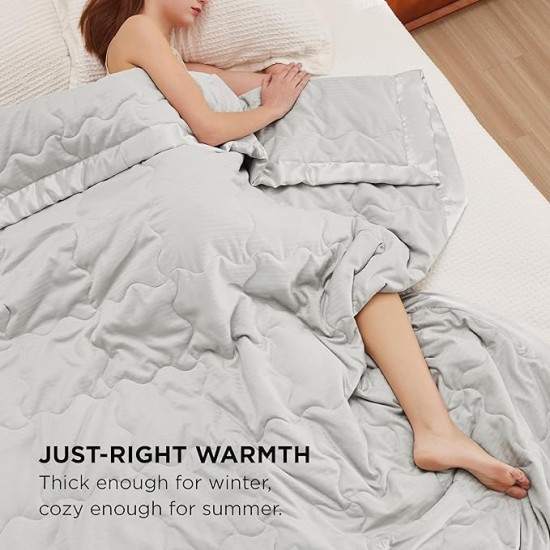 Bed Blanket Full/Queen Size - Grey Blanket, Lightweight Down Alternative Autumn Blanket for All Seasons, Soft Cozy Warm Bed Blankets with Satin Trim, 90x90 Inches