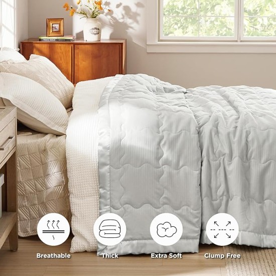 Bed Blanket Full/Queen Size - Grey Blanket, Lightweight Down Alternative Autumn Blanket for All Seasons, Soft Cozy Warm Bed Blankets with Satin Trim, 90x90 Inches