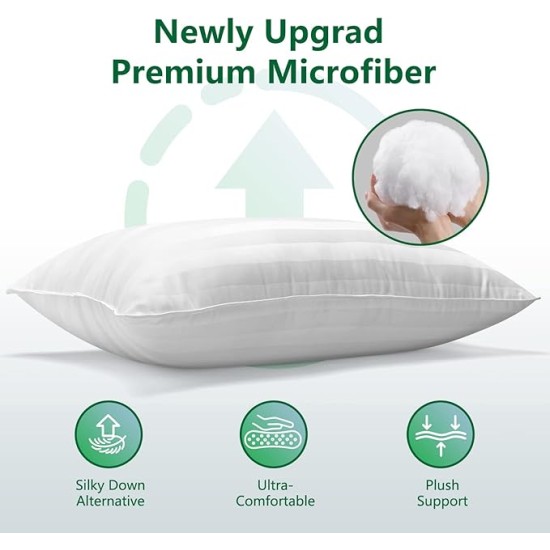 Queen Size Bed Pillows for Sleeping: Hotel Quality, Set of 2 - Down Alternative Microfiber Filled for Back, Stomach, Side Sleepers, Breathable, and Skin-Friendly