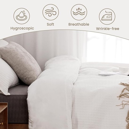 Duvet Cover Set King Size 100% Cotton,White Waffle Weave Soft and Breathable 3 PCs Bedding Set (1 Duvet Cover and 2 Pillow Sham)