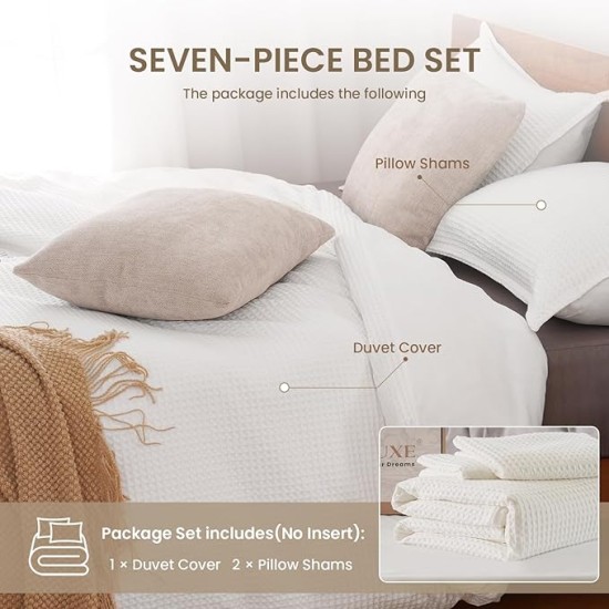 Duvet Cover Set King Size 100% Cotton,White Waffle Weave Soft and Breathable 3 PCs Bedding Set (1 Duvet Cover and 2 Pillow Sham)