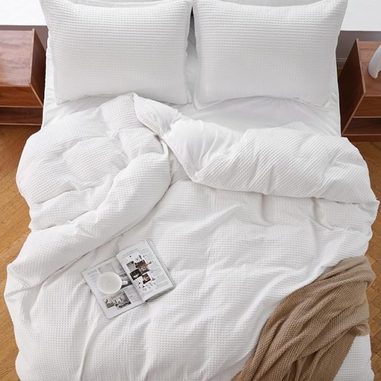 Duvet Cover Set King Size 100% Cotton,White Waffle Weave Soft and Breathable 3 PCs Bedding Set (1 Duvet Cover and 2 Pillow Sham)