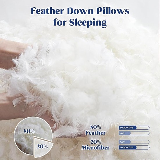 Goose Feather Down Pillows, Soft Fluffy Luxury Hotel Collection Pillows King Size Set of 2, 100% Cotton Cover, Medium Firm Bed Sleeping Pillow for Back, Stomach or Side Sleeper.