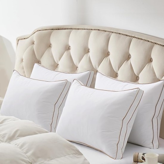Goose Feather Down Pillows, Soft Fluffy Luxury Hotel Collection Pillows King Size Set of 2, 100% Cotton Cover, Medium Firm Bed Sleeping Pillow for Back, Stomach or Side Sleeper.