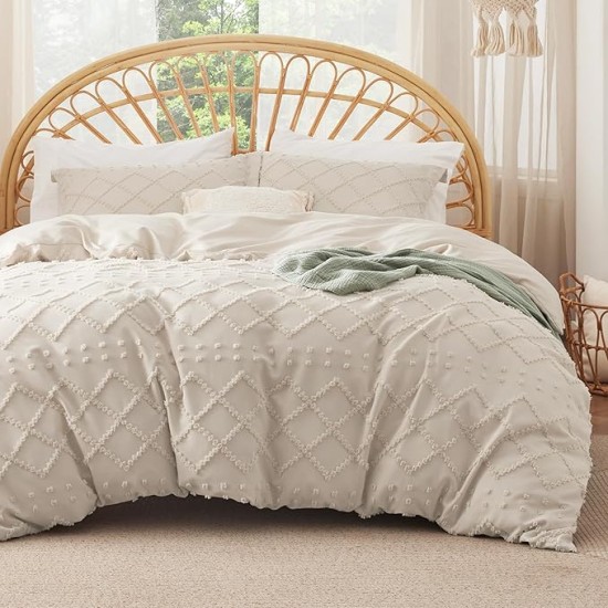 Duvet Cover Queen Size with Fitted Sheet - Boho Duvet Cover Set, 4 Pieces, Includes 1 Duvet Cover 90x90 Inches with Zipper Closure, 2 Pillow Shams, 1 Fitted Sheet, Beige
