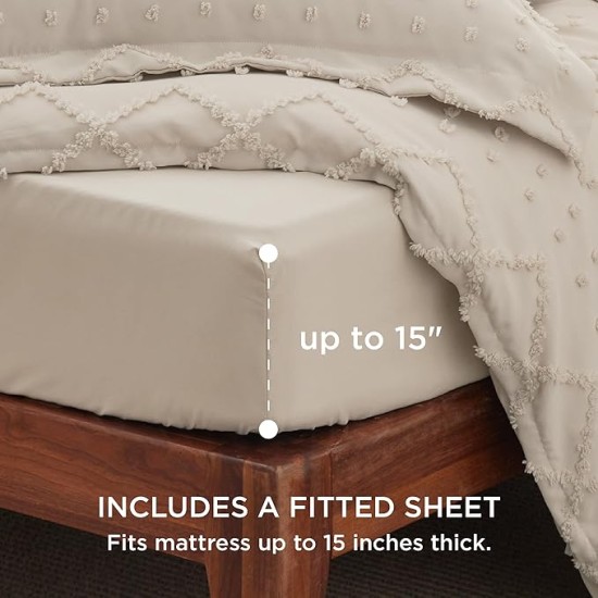 Duvet Cover Queen Size with Fitted Sheet - Boho Duvet Cover Set, 4 Pieces, Includes 1 Duvet Cover 90x90 Inches with Zipper Closure, 2 Pillow Shams, 1 Fitted Sheet, Beige