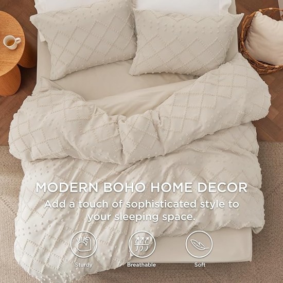 Duvet Cover Queen Size with Fitted Sheet - Boho Duvet Cover Set, 4 Pieces, Includes 1 Duvet Cover 90x90 Inches with Zipper Closure, 2 Pillow Shams, 1 Fitted Sheet, Beige