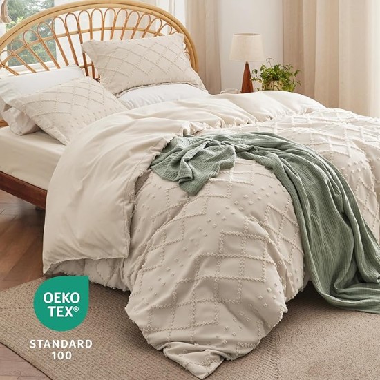 Duvet Cover Queen Size with Fitted Sheet - Boho Duvet Cover Set, 4 Pieces, Includes 1 Duvet Cover 90x90 Inches with Zipper Closure, 2 Pillow Shams, 1 Fitted Sheet, Beige