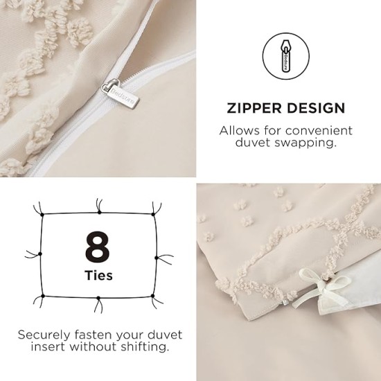 Duvet Cover Queen Size with Fitted Sheet - Boho Duvet Cover Set, 4 Pieces, Includes 1 Duvet Cover 90x90 Inches with Zipper Closure, 2 Pillow Shams, 1 Fitted Sheet, Beige