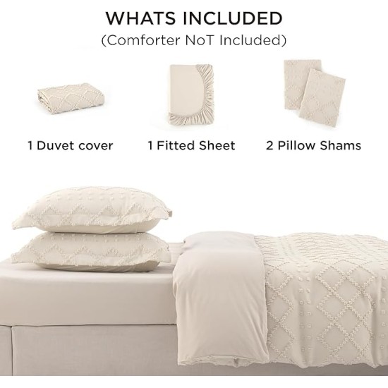 Duvet Cover Queen Size with Fitted Sheet - Boho Duvet Cover Set, 4 Pieces, Includes 1 Duvet Cover 90x90 Inches with Zipper Closure, 2 Pillow Shams, 1 Fitted Sheet, Beige