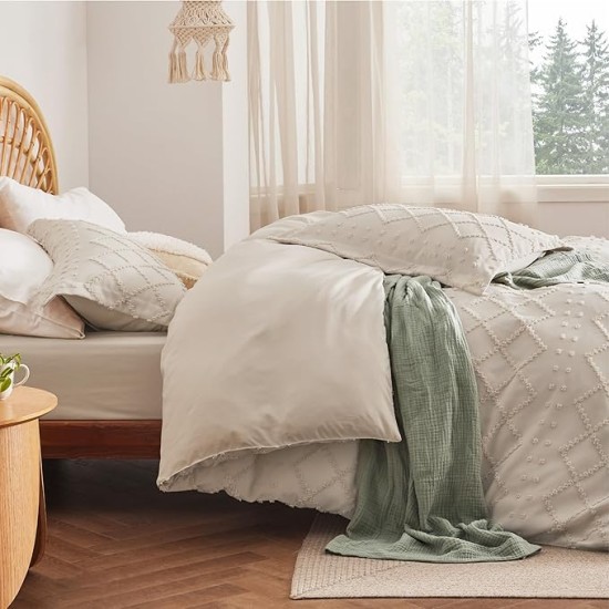 Duvet Cover Queen Size with Fitted Sheet - Boho Duvet Cover Set, 4 Pieces, Includes 1 Duvet Cover 90x90 Inches with Zipper Closure, 2 Pillow Shams, 1 Fitted Sheet, Beige