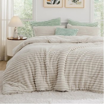 Fluffy Comforter Set Queen - Super Soft Faux Fur Comforter Queen Size Linen Color, Winter Warm Fleece Bedding Set, Plush Fuzzy Bed Set, 3 Pieces, 1 Shaggy Comforter with 2 Pillowcases