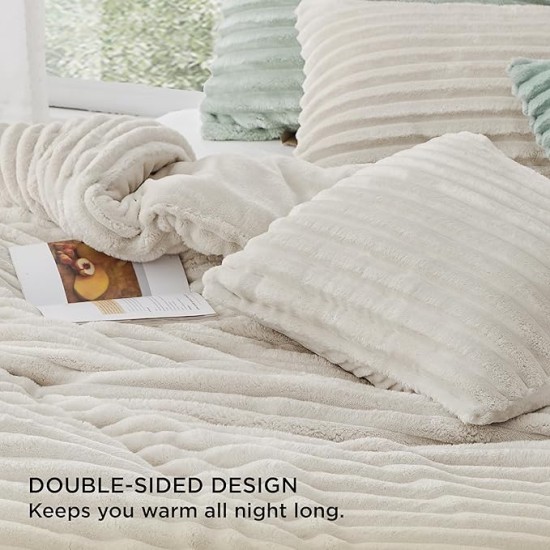 Fluffy Comforter Set Queen - Super Soft Faux Fur Comforter Queen Size Linen Color, Winter Warm Fleece Bedding Set, Plush Fuzzy Bed Set, 3 Pieces, 1 Shaggy Comforter with 2 Pillowcases