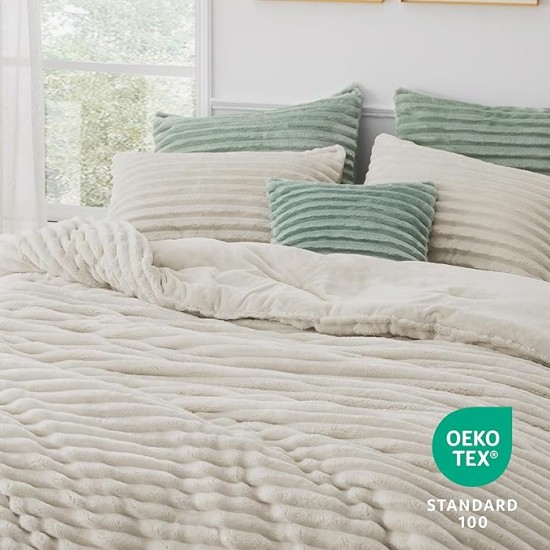 Fluffy Comforter Set Queen - Super Soft Faux Fur Comforter Queen Size Linen Color, Winter Warm Fleece Bedding Set, Plush Fuzzy Bed Set, 3 Pieces, 1 Shaggy Comforter with 2 Pillowcases