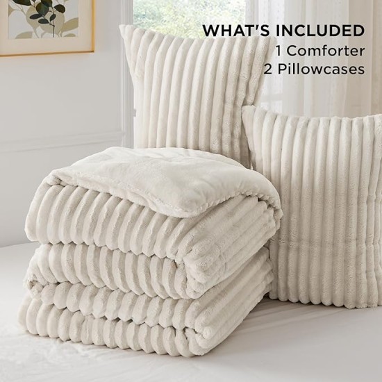 Fluffy Comforter Set Queen - Super Soft Faux Fur Comforter Queen Size Linen Color, Winter Warm Fleece Bedding Set, Plush Fuzzy Bed Set, 3 Pieces, 1 Shaggy Comforter with 2 Pillowcases