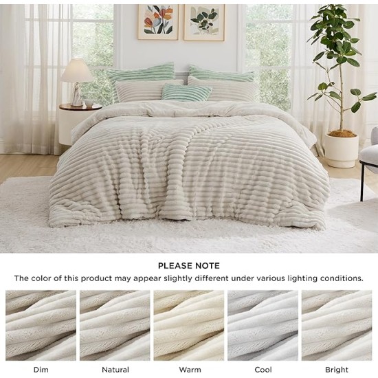 Fluffy Comforter Set Queen - Super Soft Faux Fur Comforter Queen Size Linen Color, Winter Warm Fleece Bedding Set, Plush Fuzzy Bed Set, 3 Pieces, 1 Shaggy Comforter with 2 Pillowcases