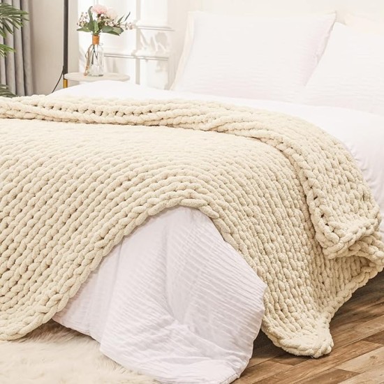 Chunky Knit Blanket Throw 80"x90" for Queen King Bed, 100% Hand Knitted Chenille Throw Blanket, Soft Giant Thick Cable Knit Blanket, Large Rope Knot Crochet Throw Blankets (Beige)