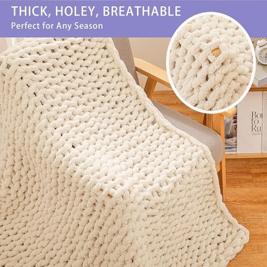Chunky Knit Blanket Throw 80"x90" for Queen King Bed, 100% Hand Knitted Chenille Throw Blanket, Soft Giant Thick Cable Knit Blanket, Large Rope Knot Crochet Throw Blankets (Beige)