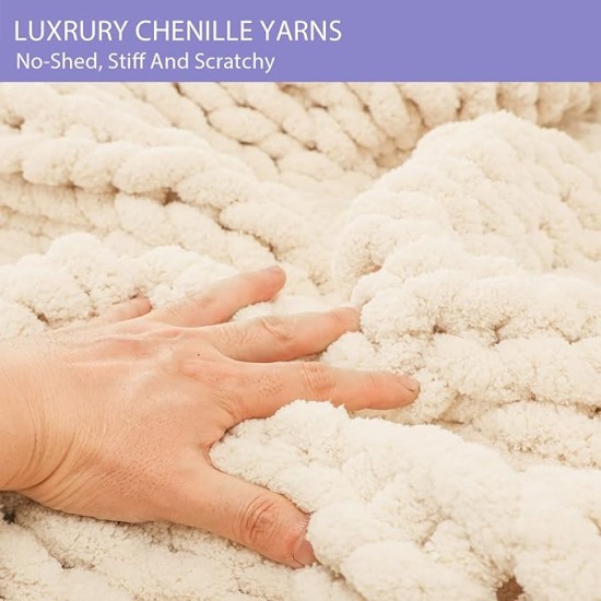 Chunky Knit Blanket Throw 80"x90" for Queen King Bed, 100% Hand Knitted Chenille Throw Blanket, Soft Giant Thick Cable Knit Blanket, Large Rope Knot Crochet Throw Blankets (Beige)