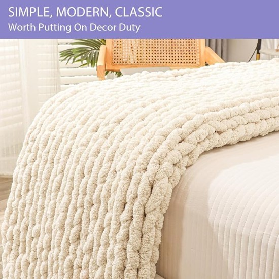 Chunky Knit Blanket Throw 80"x90" for Queen King Bed, 100% Hand Knitted Chenille Throw Blanket, Soft Giant Thick Cable Knit Blanket, Large Rope Knot Crochet Throw Blankets (Beige)