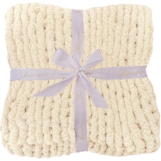 Chunky Knit Blanket Throw 80"x90" for Queen King Bed, 100% Hand Knitted Chenille Throw Blanket, Soft Giant Thick Cable Knit Blanket, Large Rope Knot Crochet Throw Blankets (Beige)