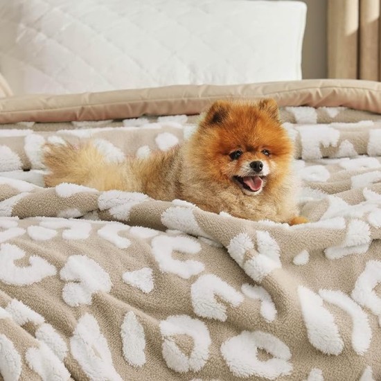 Thick and Warm Sherpa Blanket Queen Size for Winter, Cheetah Print Queen Blanket for Bed, Fuzzy Plush Cute Leopard Print Blanket for Women, Beige, 90x90 Inches