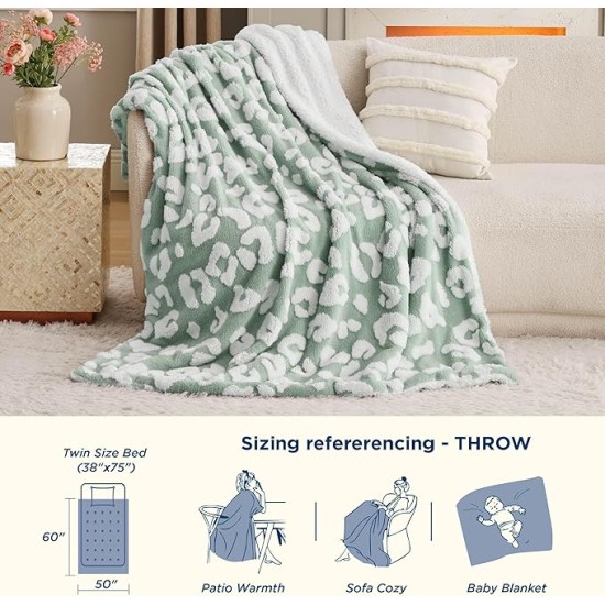 Thick and Warm Sherpa Blanket for Winter, Cheetah Print Throw Blanket for Couch, Fuzzy Plush Cute Leopard Print Blanket for Women, Sage Green, 50x60 Inches