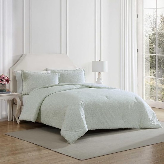 King Comforter Set, Breathable Bedding with Matching Shams, Vintage Cotton Floral Decor (Heirloom Ditzy Green, King)