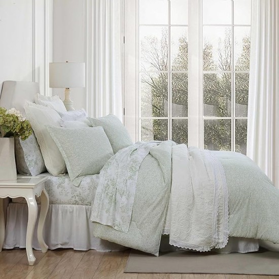 King Comforter Set, Breathable Bedding with Matching Shams, Vintage Cotton Floral Decor (Heirloom Ditzy Green, King)