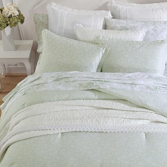 King Comforter Set, Breathable Bedding with Matching Shams, Vintage Cotton Floral Decor (Heirloom Ditzy Green, King)