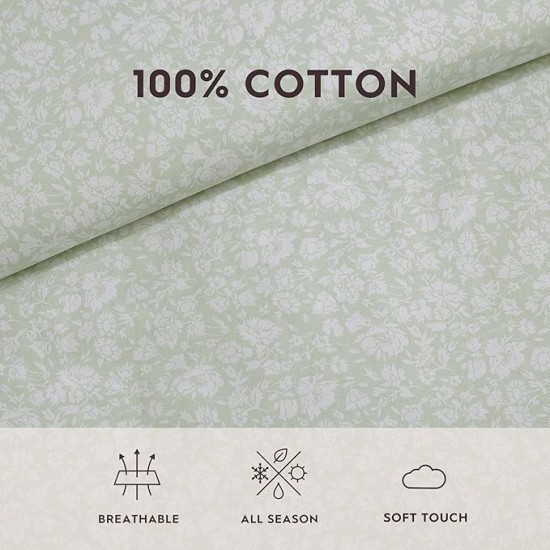 King Comforter Set, Breathable Bedding with Matching Shams, Vintage Cotton Floral Decor (Heirloom Ditzy Green, King)