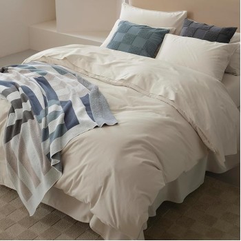 Double Stitch 100% Organic Cotton Duvet Cover Set Queen- 300 TC Sateen Weave, GOTS Certified Long Staple Cotton, Soft Breathable Cover Made in India, 1 Duvet Cover, 2 Shams, Coconut Milk