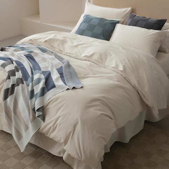 Double Stitch 100% Organic Cotton Duvet Cover Set Queen- 300 TC Sateen Weave, GOTS Certified Long Staple Cotton, Soft Breathable Cover Made in India, 1 Duvet Cover, 2 Shams, Coconut Milk