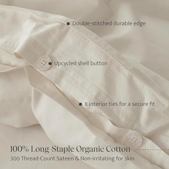 Double Stitch 100% Organic Cotton Duvet Cover Set Queen- 300 TC Sateen Weave, GOTS Certified Long Staple Cotton, Soft Breathable Cover Made in India, 1 Duvet Cover, 2 Shams, Coconut Milk