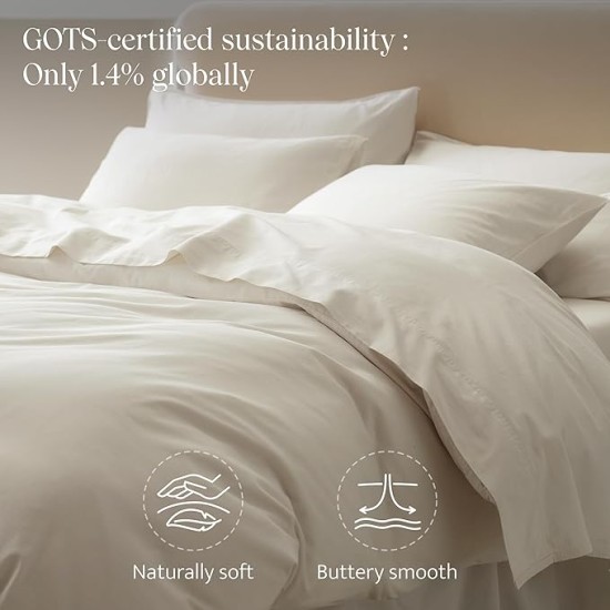 Double Stitch 100% Organic Cotton Duvet Cover Set Queen- 300 TC Sateen Weave, GOTS Certified Long Staple Cotton, Soft Breathable Cover Made in India, 1 Duvet Cover, 2 Shams, Coconut Milk