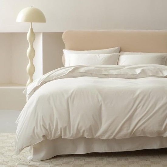 Double Stitch 100% Organic Cotton Duvet Cover Set Queen- 300 TC Sateen Weave, GOTS Certified Long Staple Cotton, Soft Breathable Cover Made in India, 1 Duvet Cover, 2 Shams, Coconut Milk
