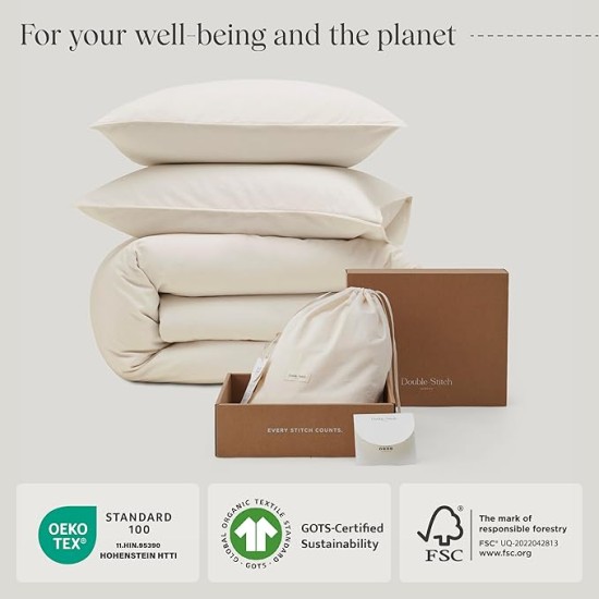 Double Stitch 100% Organic Cotton Duvet Cover Set Queen- 300 TC Sateen Weave, GOTS Certified Long Staple Cotton, Soft Breathable Cover Made in India, 1 Duvet Cover, 2 Shams, Coconut Milk
