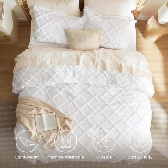 Boho Comforter Set Queen - White Tufted Bedding Comforter Set, 3 Pieces Farmhouse Shabby Chic Embroidery Bed Set, Soft Fluffy Geometric Pattern Comforter for All Seasons